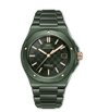 Green stainless steel watch with black dial, rose gold indices and hands, date window, and matching bracelet.