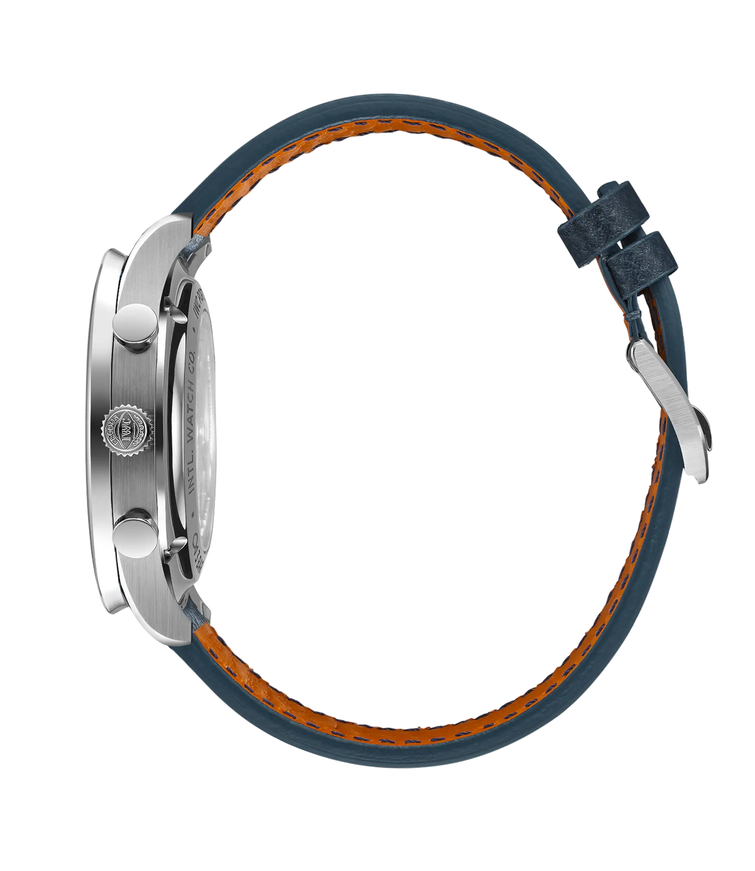 Side view of the IWC Schaffhausen Portugieser Chronograph wristwatch, featuring a silver case, dark blue leather strap with orange stitching, and a metal buckle, displayed against a plain white background.