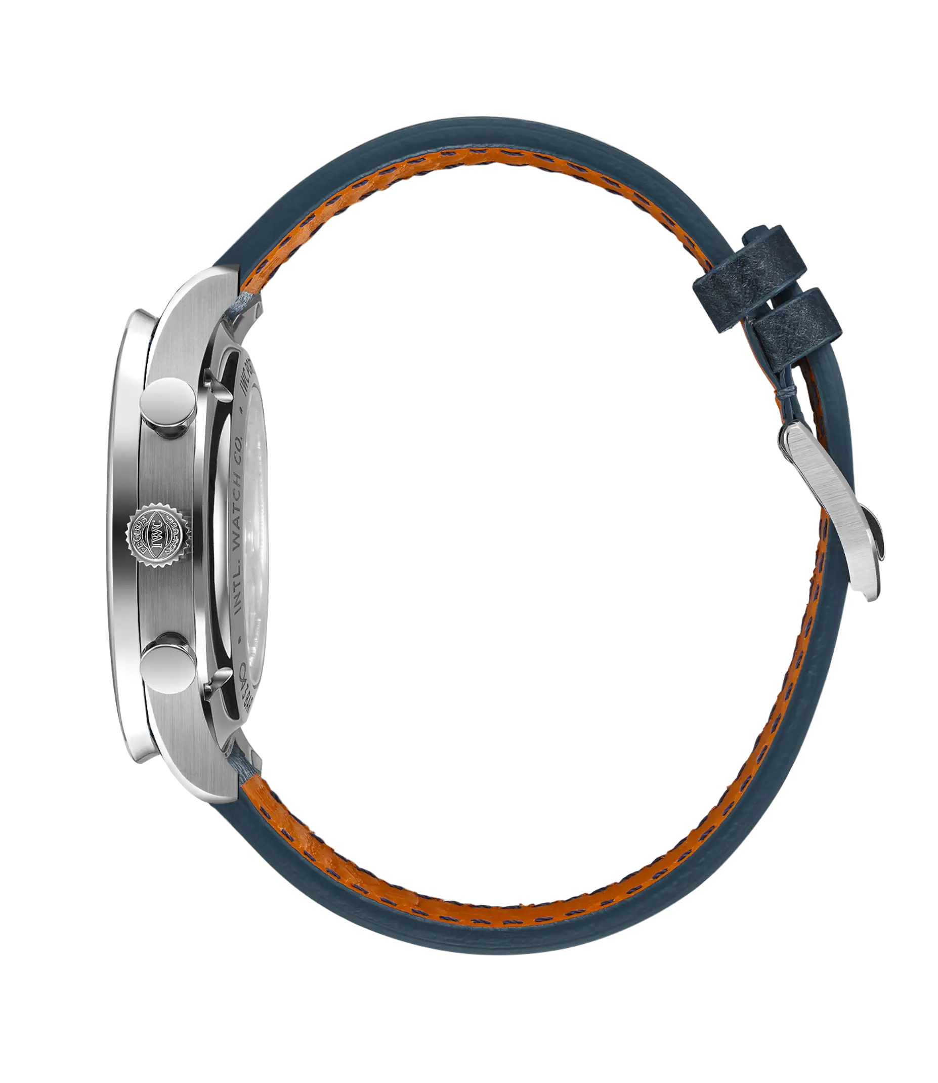 Side view of the IWC Schaffhausen Portugieser Chronograph wristwatch, featuring a silver case, dark blue leather strap with orange stitching, and a metal buckle, displayed against a plain white background.