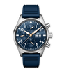 Stainless steel pilot's chronograph watch with blue dial, multiple subdials, Arabic numerals, date window, and blue rubber st
