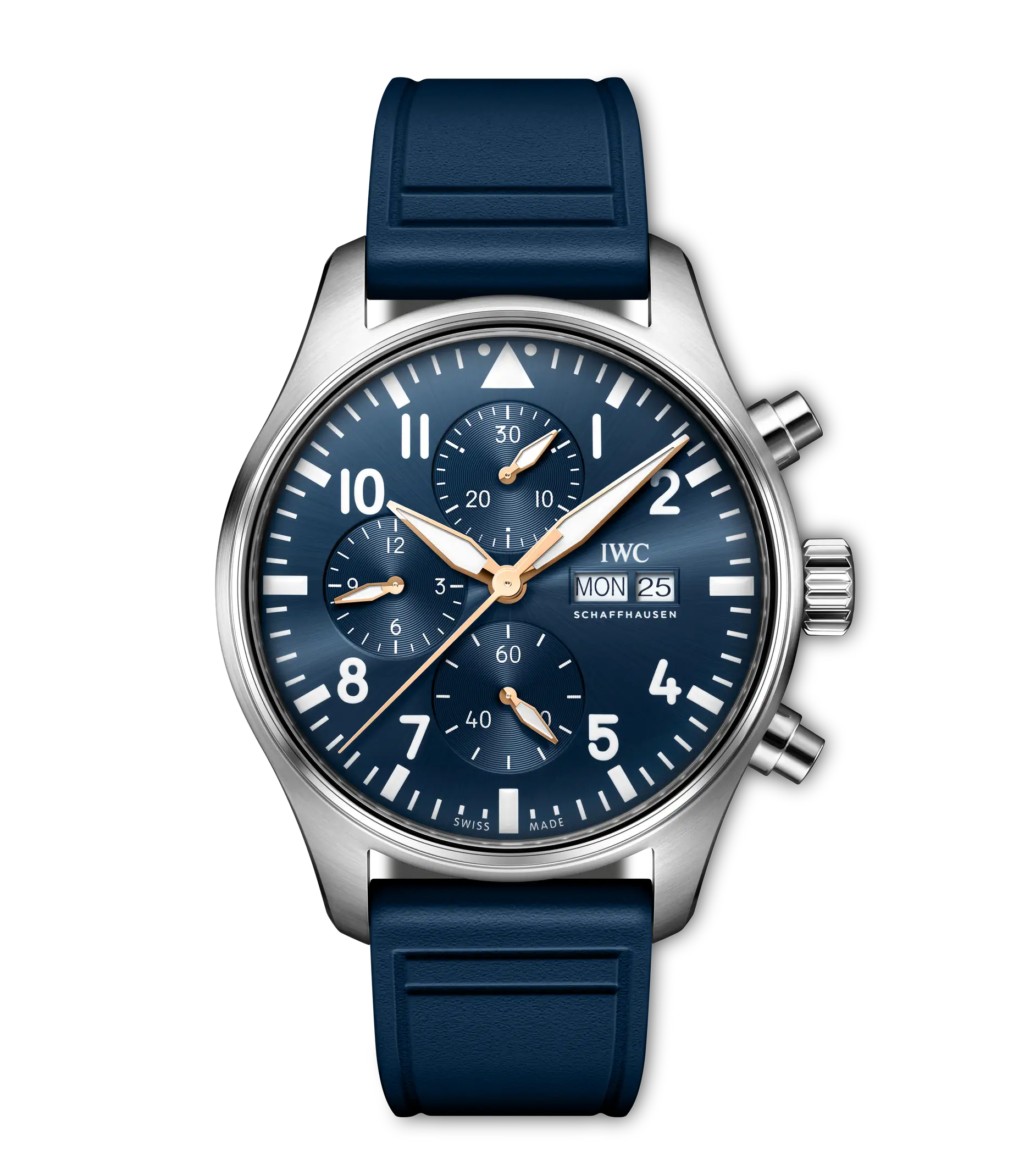 Stainless steel pilot's chronograph watch with blue dial, multiple subdials, Arabic numerals, date window, and blue rubber st
