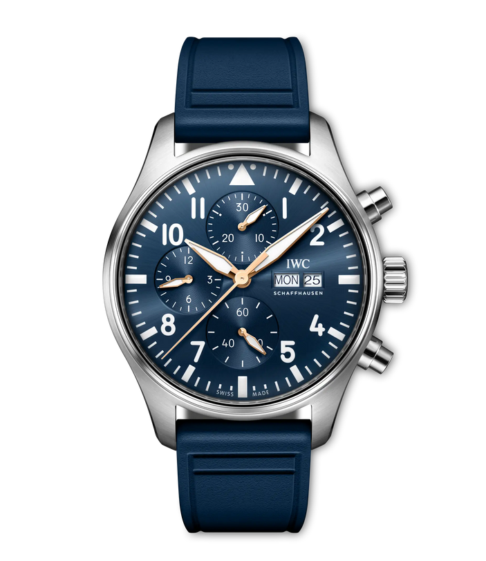 Stainless steel pilot's chronograph watch with blue dial, multiple subdials, Arabic numerals, date window, and blue rubber st