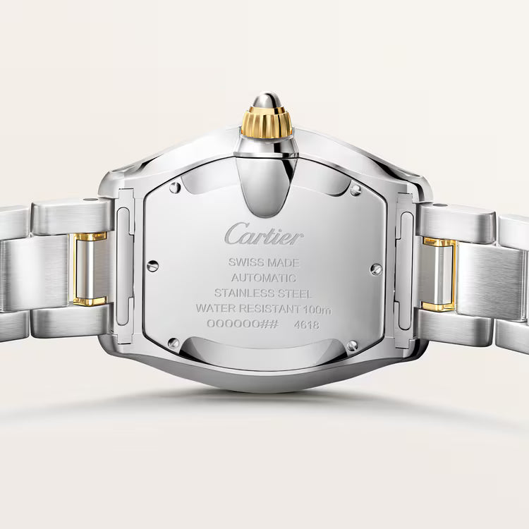 Cartier Roadster watch rear view showing stainless steel case back, two-tone bracelet with gold accents, and water resistance