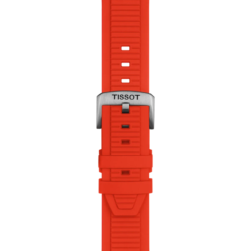 Red watch strap with Tissot logo on a white background