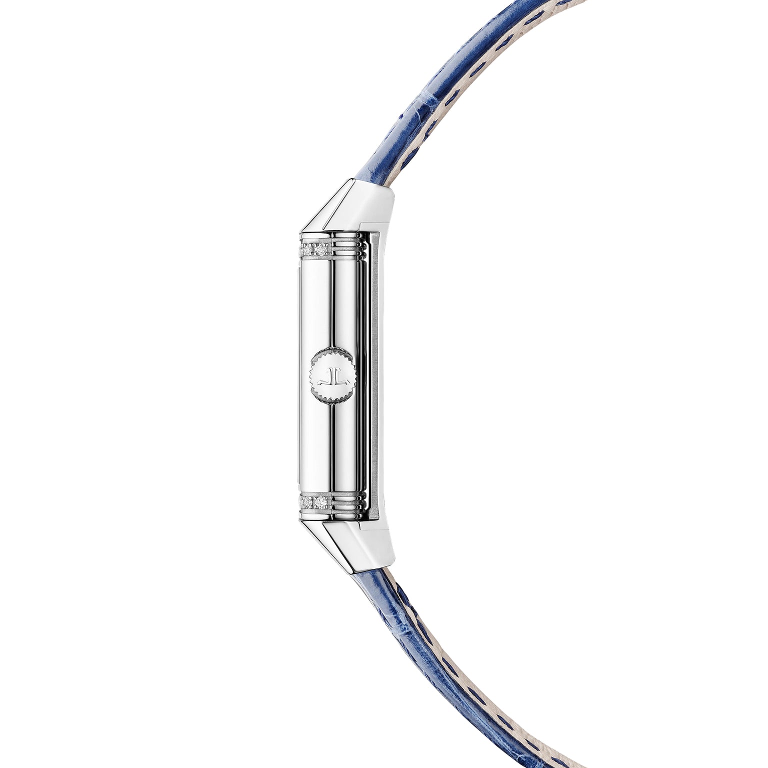 Rectangular stainless steel watch with silver dial and blue leather strap shown from side view.