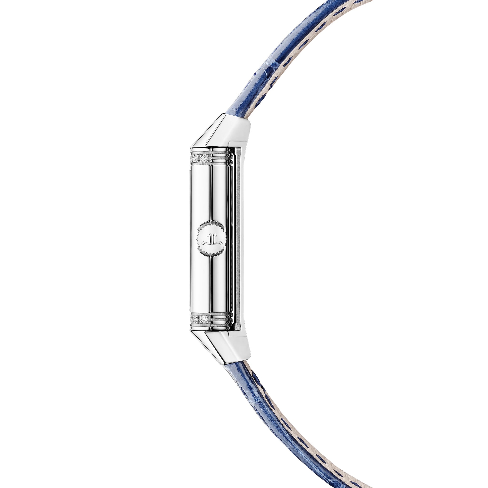 Rectangular stainless steel watch with silver dial and blue leather strap shown from side view.