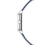Rectangular stainless steel watch with silver dial and blue leather strap shown from side view.