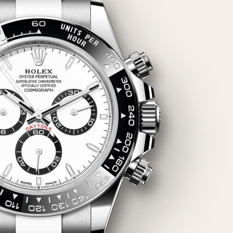 Close-up of a Rolex Daytona watch with a white dial, black bezel, three subdials, and silver accents.