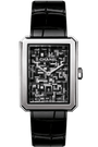 The Chanel Boy·Friend Tweed is a rectangular wristwatch with a black calfskin strap, a pixel-inspired black and gray dial, silver hands, date at 6 o’clock, and a silver bezel.
