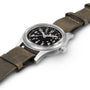 Watch with brown strap and black dial on a white background