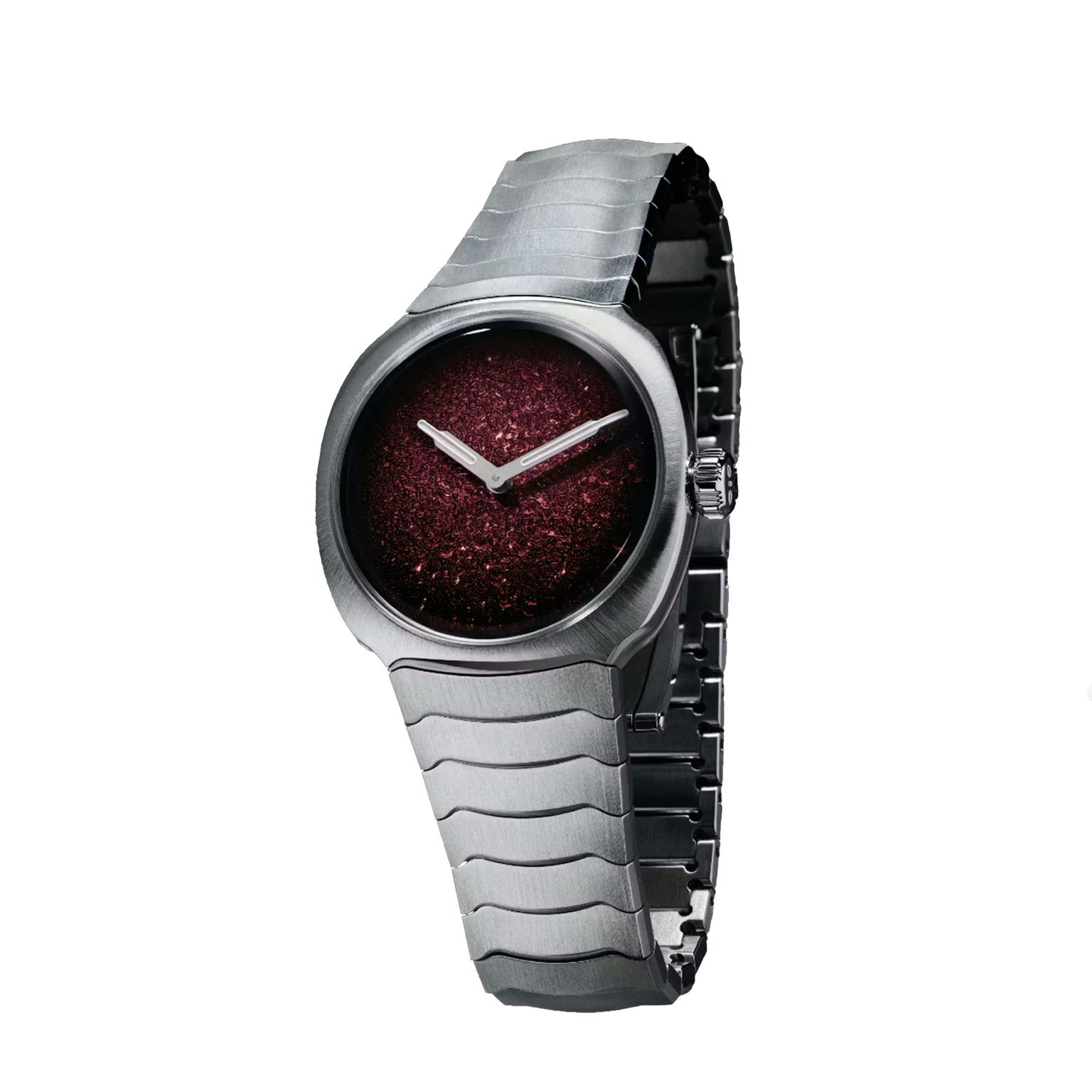 Silver and black watch with burgundy glitter dial and two white hands.
