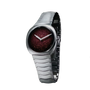 Silver and black watch with burgundy glitter dial and two white hands.