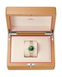 OMEGA Seamaster Aqua Terra 150M 30mm, Moonshine™ gold on Moonshine™ gold Watch, with a Diamond Bezel and Green Dial with Diamond Markers on a Moonshine™ gold integrated bracelet in a wooden box.