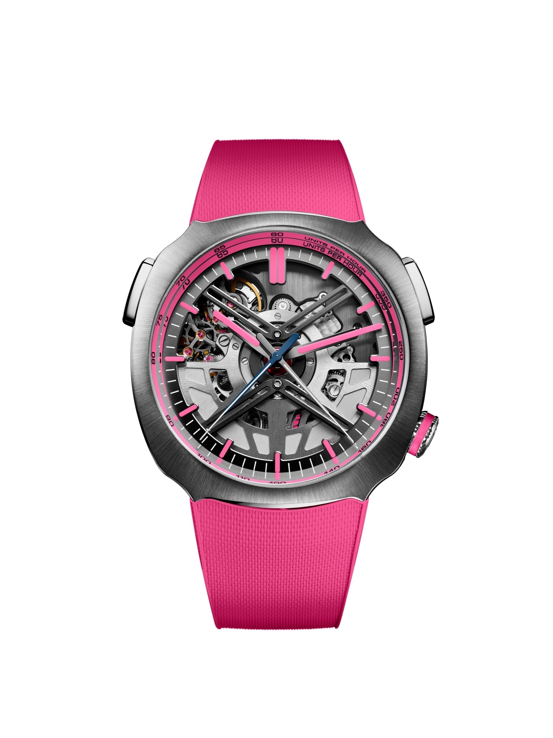 Watch with pink strap and transparent face on a white background