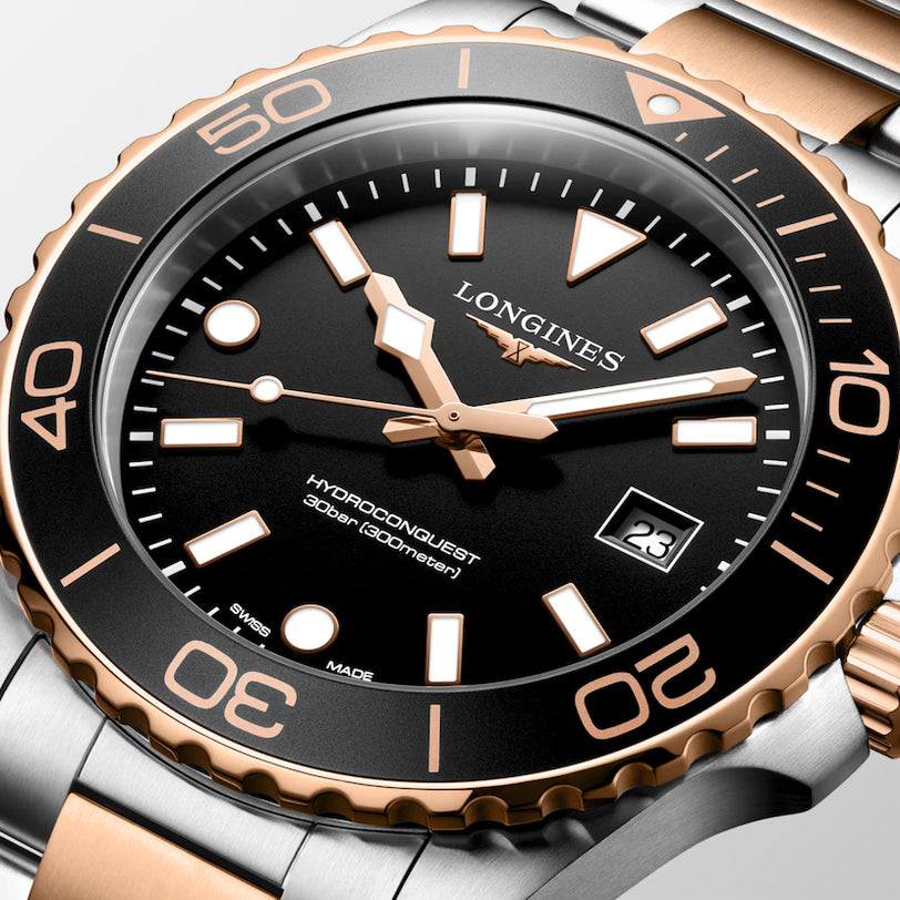 HydroConquest | 42mm, Stainless Steel & red PVD, Black Dial