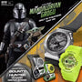 Silver and black digital watch with square face and metallic band displayed with The Mandalorian promotional graphics and acc