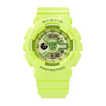 Neon yellow digital and analog sports watch with round face and rubber band.