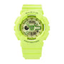 Neon yellow digital and analog sports watch with round face and rubber band.