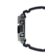 Black digital watch with square face and black rubber band shown from the side.