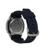 G-Shock digital watch with black resin band and stainless steel case back, shown from rear angle.