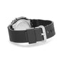 Black digital watch with square dial and black resin band with buckle closure, shown from side angle.