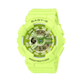 Neon yellow Baby-G digital analog watch with dual time display and protection labeling.