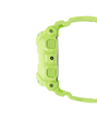 Lime green digital watch with square face, dual buttons on side, and resin band shown from side profile.