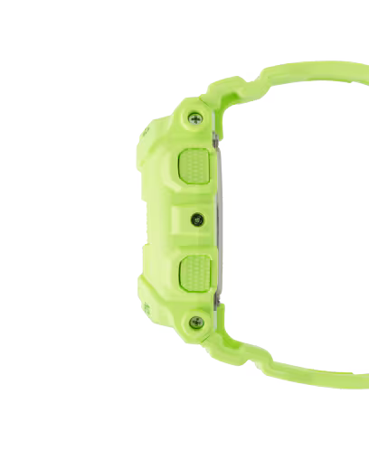 Lime green digital watch with square face, dual buttons on side, and resin band shown from side profile.