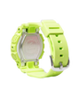 Neon yellow digital watch with rectangular face, square button accents, and matching rubber strap with square perforations.