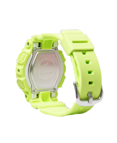 Neon yellow digital watch with rectangular face, square button accents, and matching rubber strap with square perforations.
