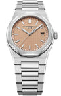 Silver watch with a pink face on a white background