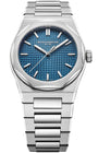 Silver watch with blue dial on a white background
