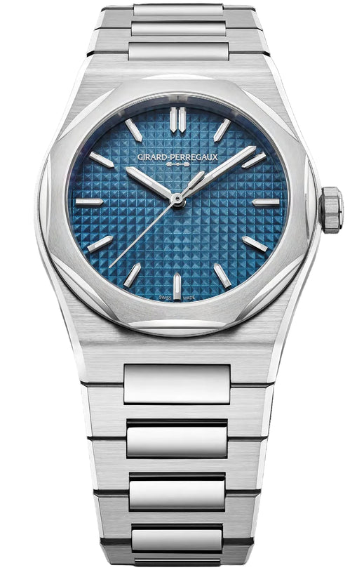 Silver watch with blue dial on a white background