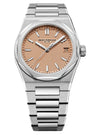 Silver watch with a pinkish-brown dial on a white background