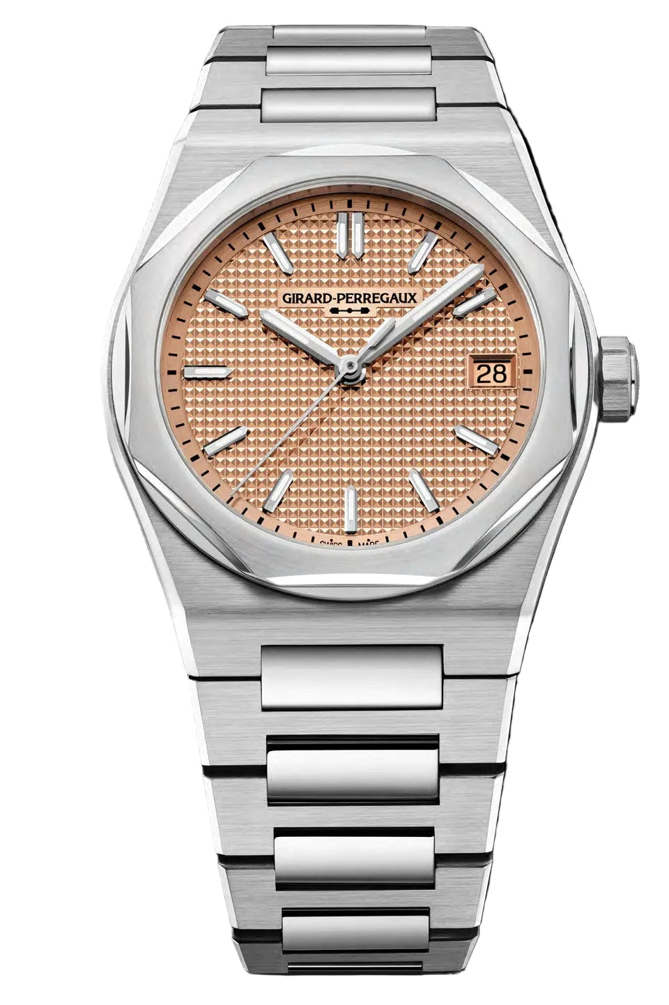 Silver watch with a pinkish-brown dial on a white background