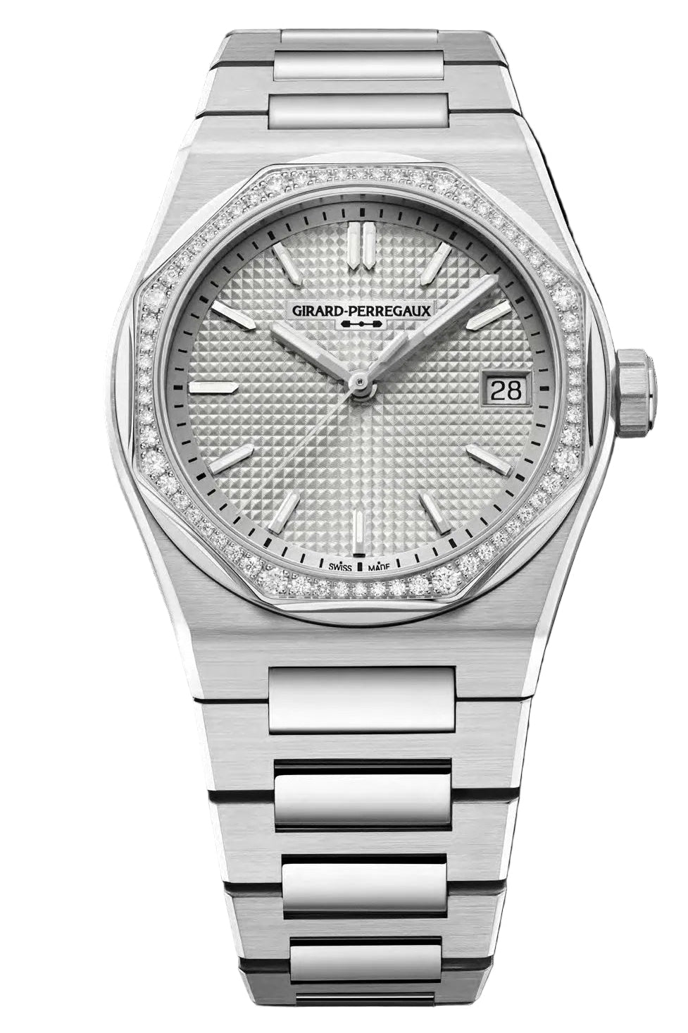 Silver watch with diamond-studded bezel on a white background