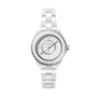 The Chanel J12 Phantom is a white wristwatch featuring a round face, silver-tone hour markers, and a highly resistant ceramic link bracelet, shown against a plain light background.
