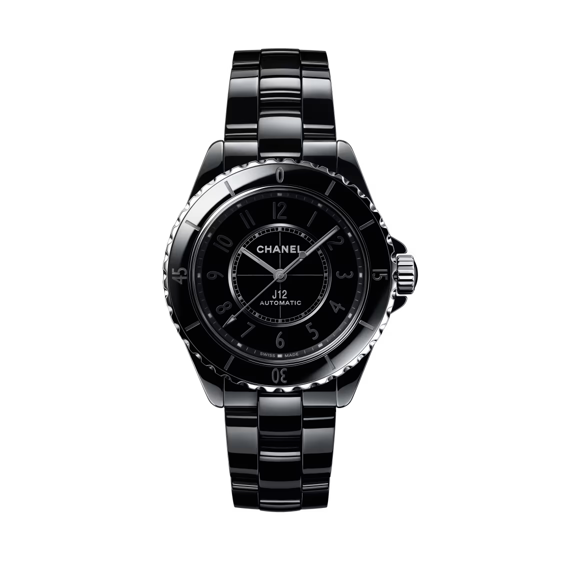 The Chanel J12 Phantom is a black ceramic and steel automatic wristwatch with a round face, silver accents, and a glossy black ceramic bracelet, shown against a white background.