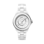 A Chanel J12 Phantom automatic wristwatch with a white ceramic and steel band, silver accents, and a round face featuring Arabic numerals, highly scratch-resistant, is photographed on a plain white background.
