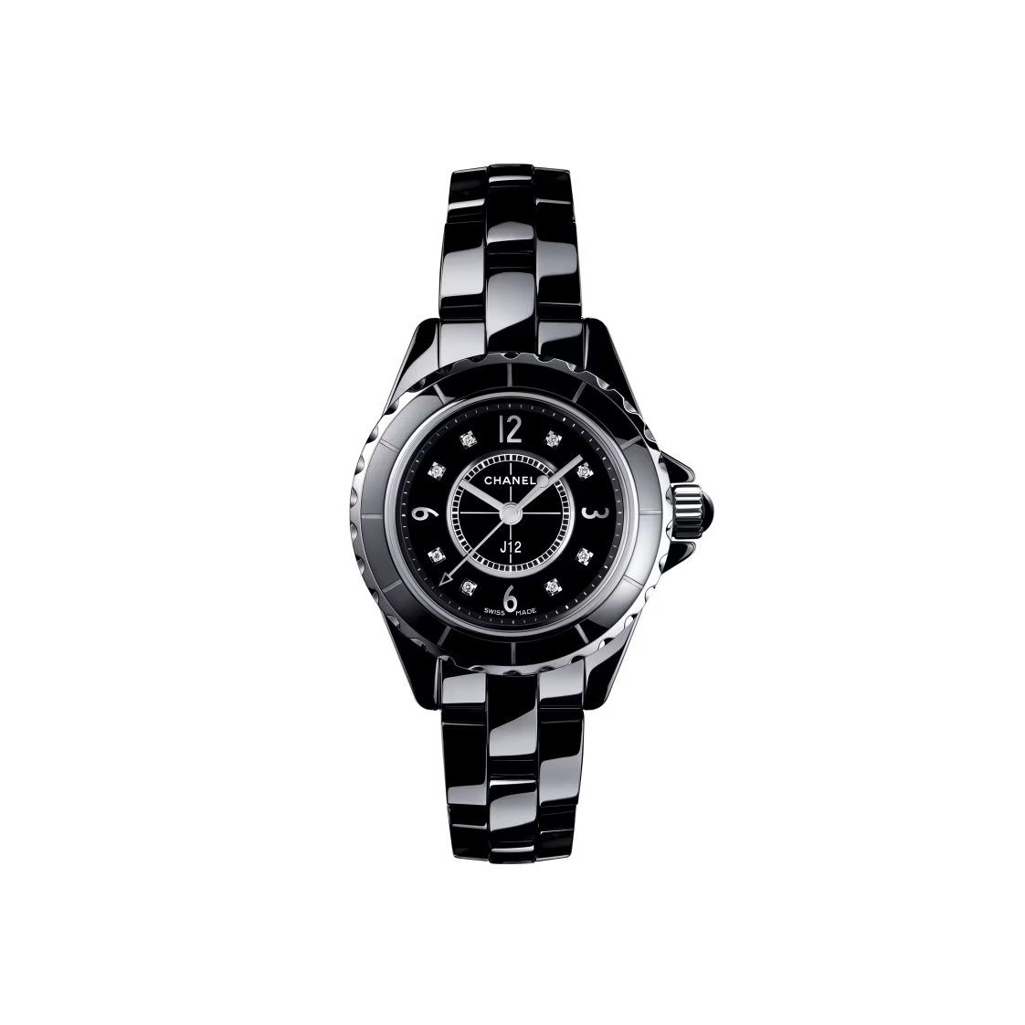 The Chanel J12 is a sleek black wristwatch with a round face, diamond indicators, silver details, and a durable ceramic-steel link bracelet, shown on a plain white background.