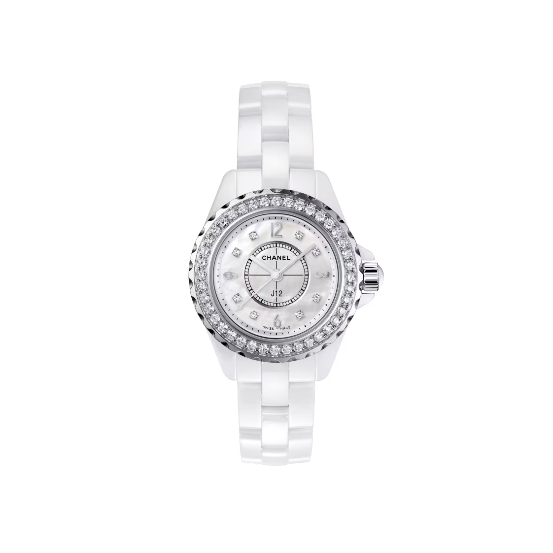 A Chanel J12 white ceramic wristwatch featuring a round mother-of-pearl dial, diamond bezel, silver accents, and a white ceramic link bracelet, shown on a plain white background.