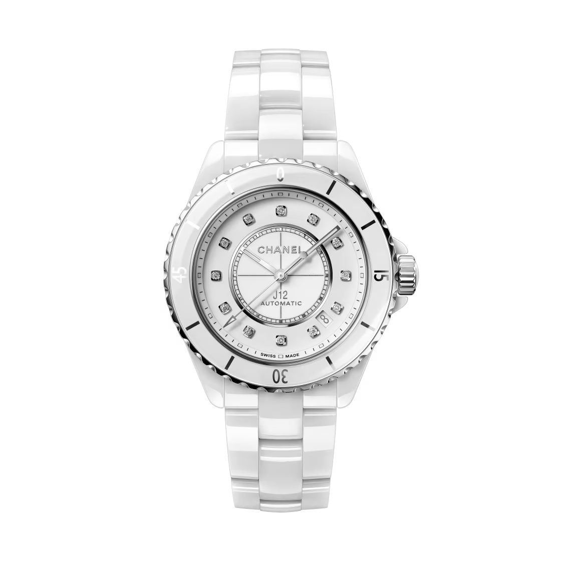 A Chanel J12 automatic wristwatch with a white ceramic bracelet, diamond hour markers, and a polished steel bezel is displayed on a plain white background.