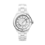 A Chanel J12 automatic wristwatch with a white ceramic bracelet, diamond hour markers, and a polished steel bezel is displayed on a plain white background.