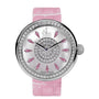 Luxury watch with silver dial, pink teardrop gemstone hour markers, diamond-set bezel and center, pink crocodile leather stra