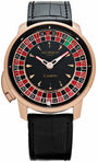 Jacob & Co Casino Tourbillon watch with rose gold case, black dial, roulette wheel bezel, and black crocodile leather strap.