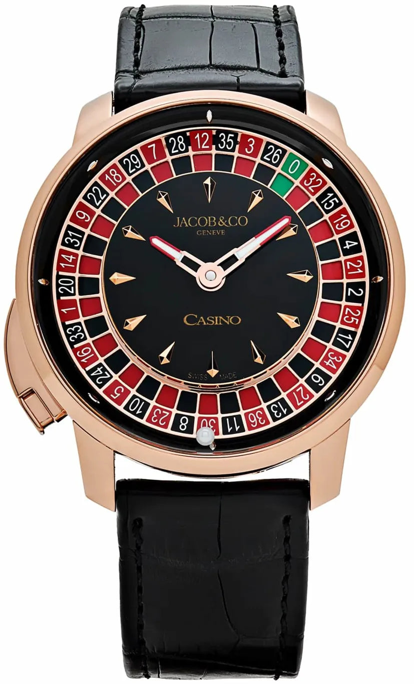 Jacob & Co Casino Tourbillon watch with rose gold case, black dial, roulette wheel bezel, and black crocodile leather strap.