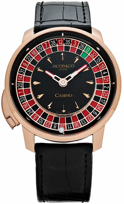 Jacob & Co Casino Tourbillon watch with rose gold case, black dial, roulette wheel bezel, and black crocodile leather strap.