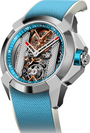 Silver-case watch with exposed copper and gold mechanical movement, blue textured strap, and blue bezel with hour markers.