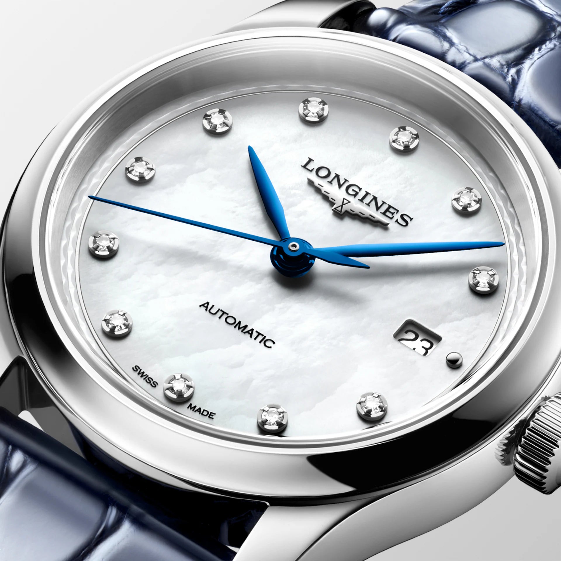 Master | 30mm, Stainless Steel, White mother-of-pearl Dial, Blue Alligator Leather,  Womens Watch