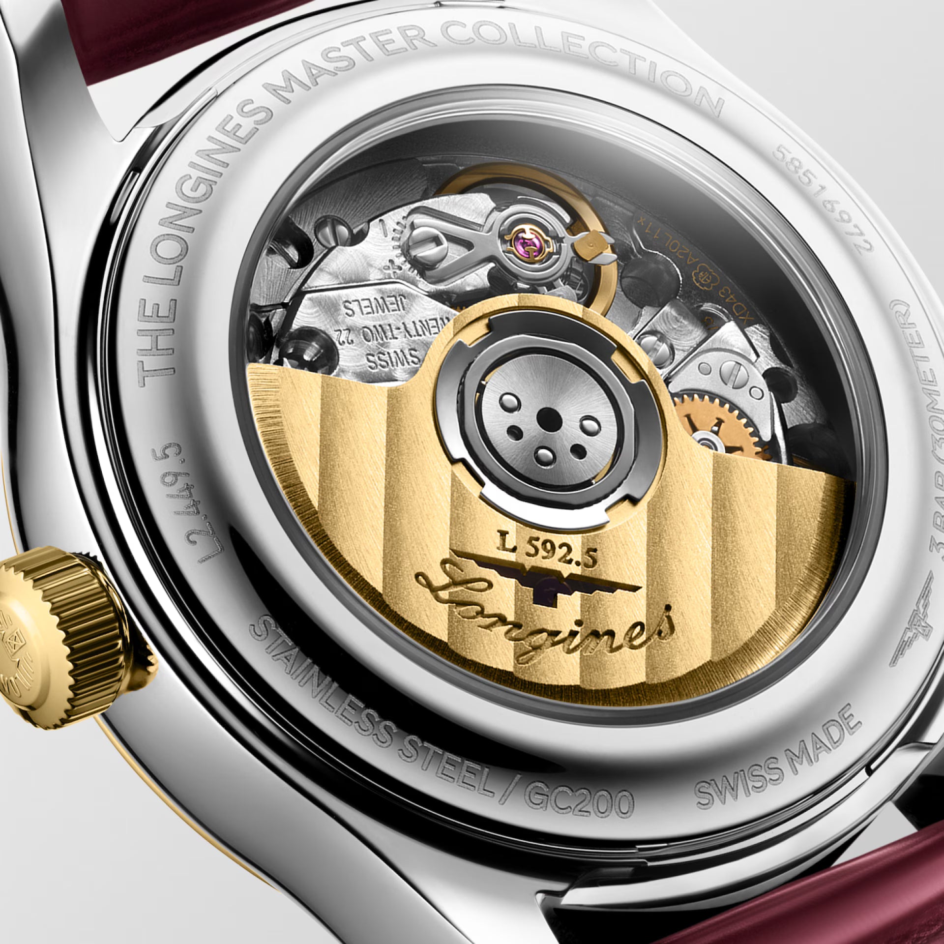 Master | 30mm, Stainless Steel and 18K Yellow Gold, White mother-of-pearl Dial, Bordeaux Alligator Leather, Womens Watch